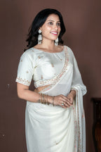 Morchari Off White Chiffon Hand Embroidery Saree And Stitched Blouse | Grocsy