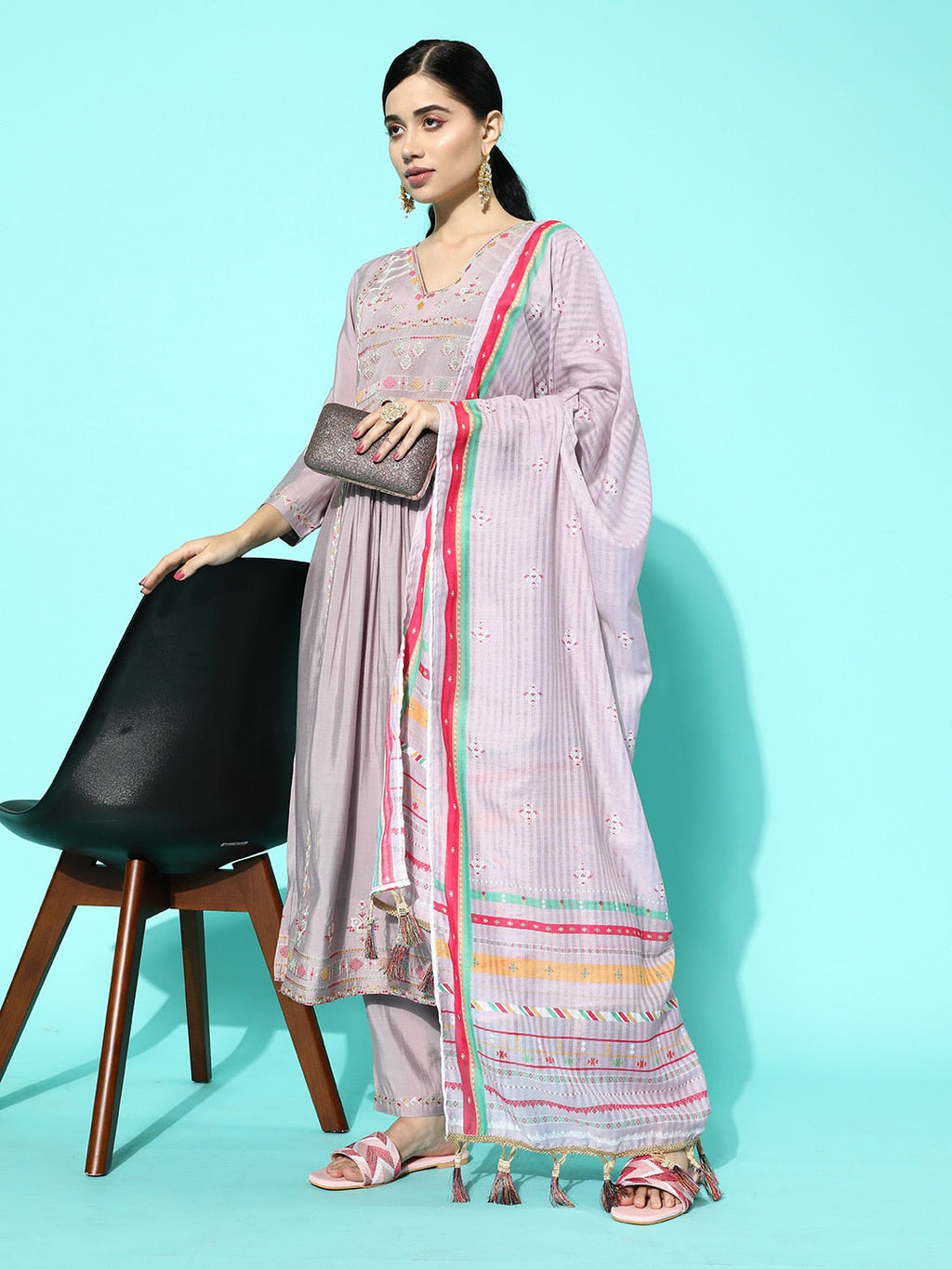 Sangria Women Lavender Ethnic Motifs Yoke Design Regular Thread Work Kurta with Trousers & With Dupatta | Grocsy