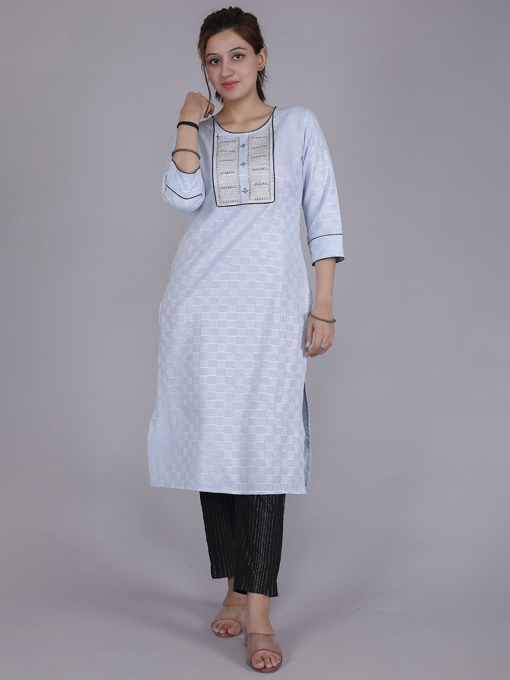 HERE&NOW Women Blue Yoke Design Pure Cotton Thread Work Kurta | Grocsy