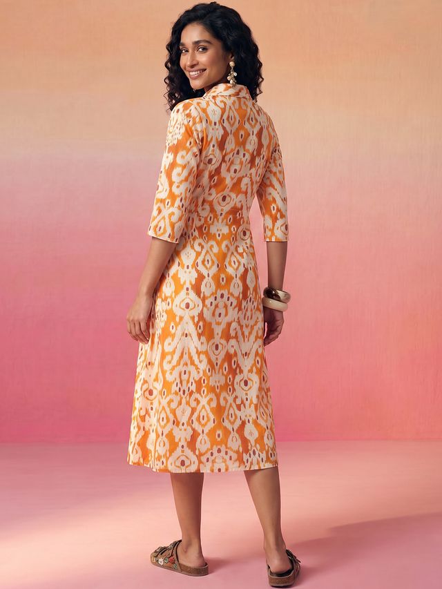 Janasya Orange A-Line Cotton Dress | Grocsy