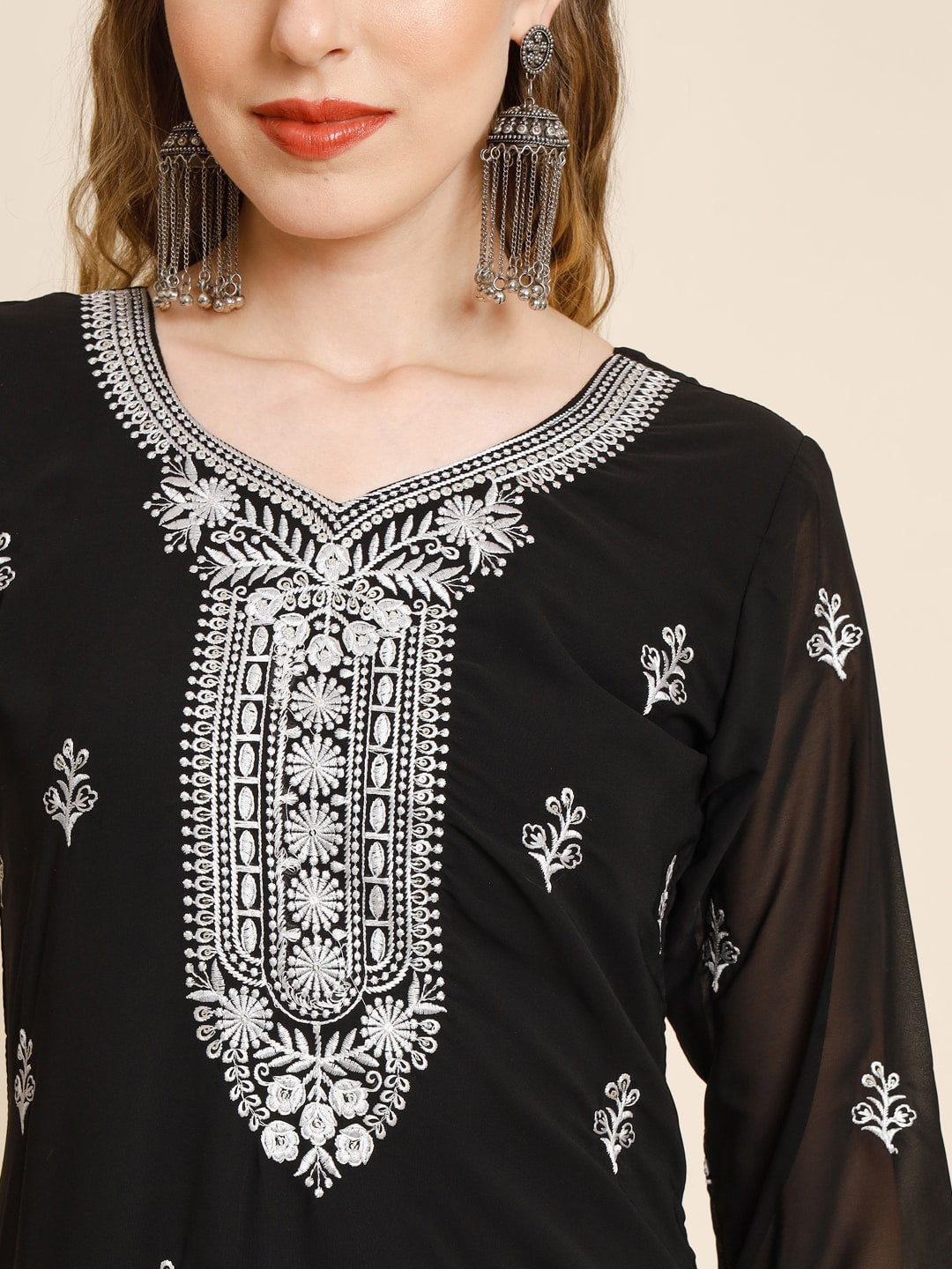 HERE&NOW Ethnic Motifs Embroidered Sequined Georgette Kurta | Grocsy