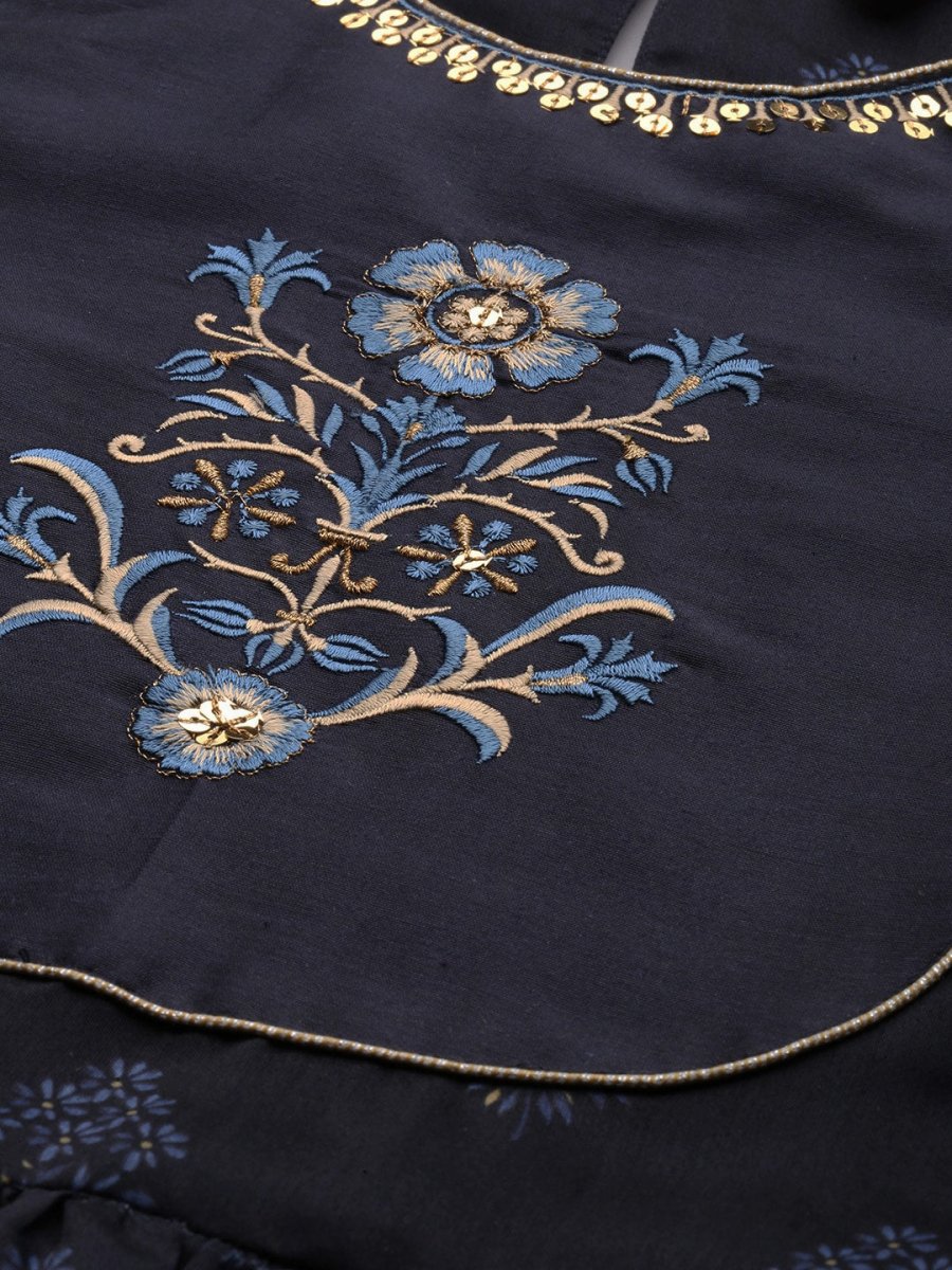 All About You Women Navy Blue Floral Printed Empire Kurta with Trousers | Grocsy