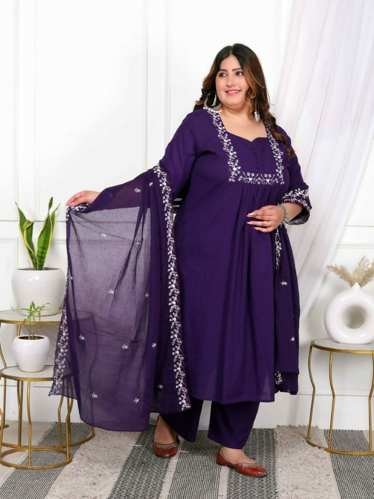 Miravan Women's Plus Size Cotton Purple A-Line Kurta With Embroidered Neck And Palazzo With Embroidered Dupatta Set | Grocsy