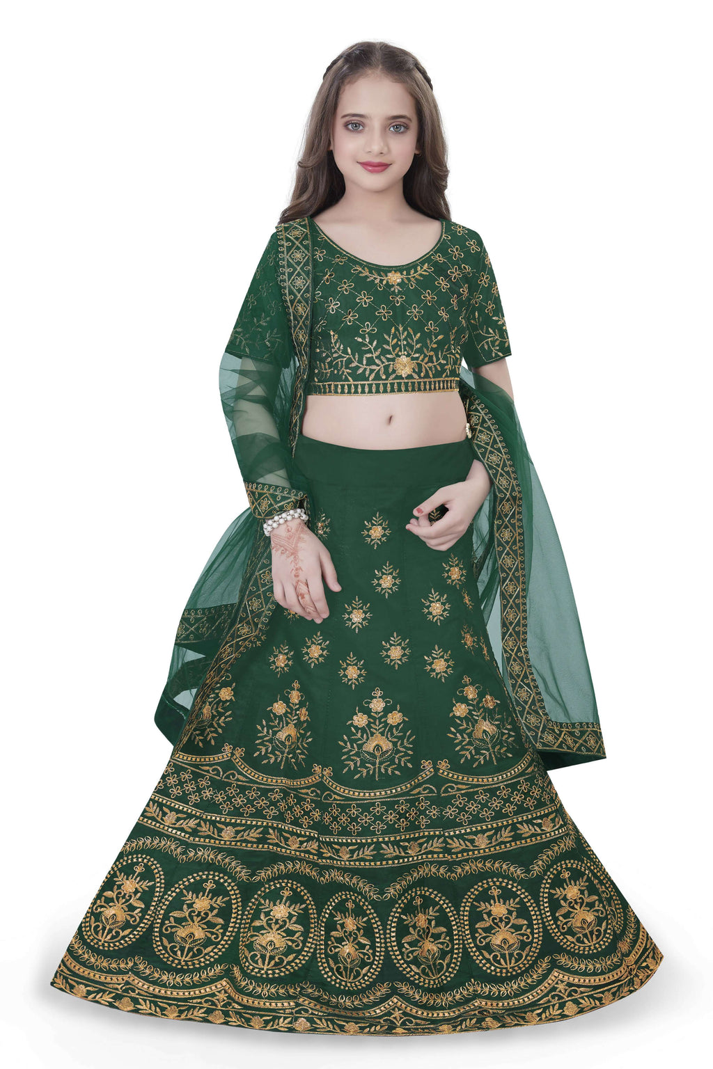 Dwiden Green Lehriyu Tafetta Sattin Semi-Stitched Girl's Lehenga Choli | Grocsy