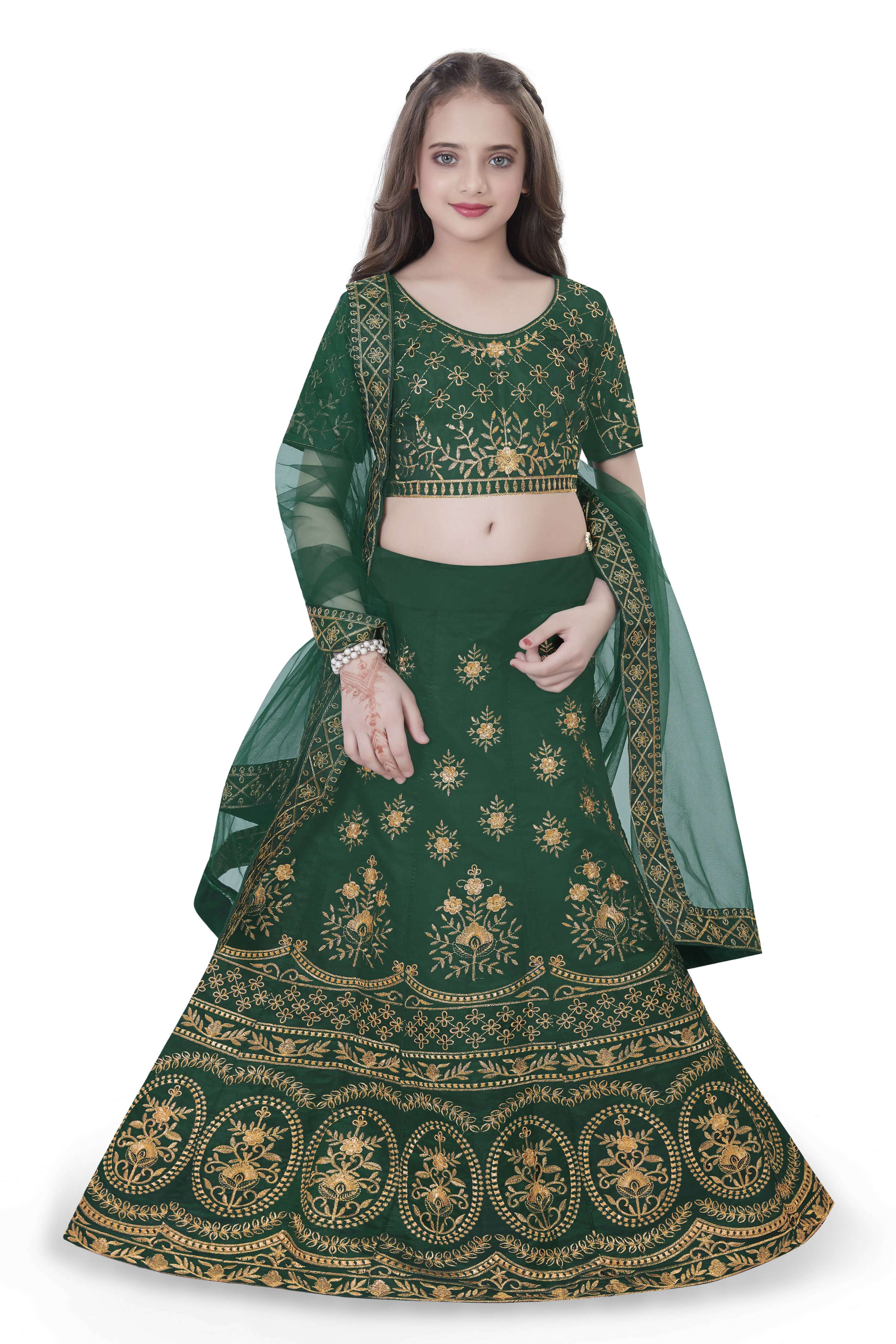 Dwiden Green Lehriyu Tafetta Sattin Semi-Stitched Girl's Lehenga Choli | Grocsy