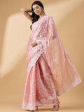 Peach Tissue Slub Embroidered Saree with Unstitched Blouse - Vairagi | Grocsy