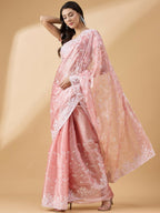 Peach Tissue Slub Embroidered Saree with Unstitched Blouse - Vairagi | Grocsy