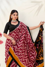 Vastranavya Maroon Tussar Silk Zigzag Waves Printed Saree with Unstitched Blouse | Grocsy