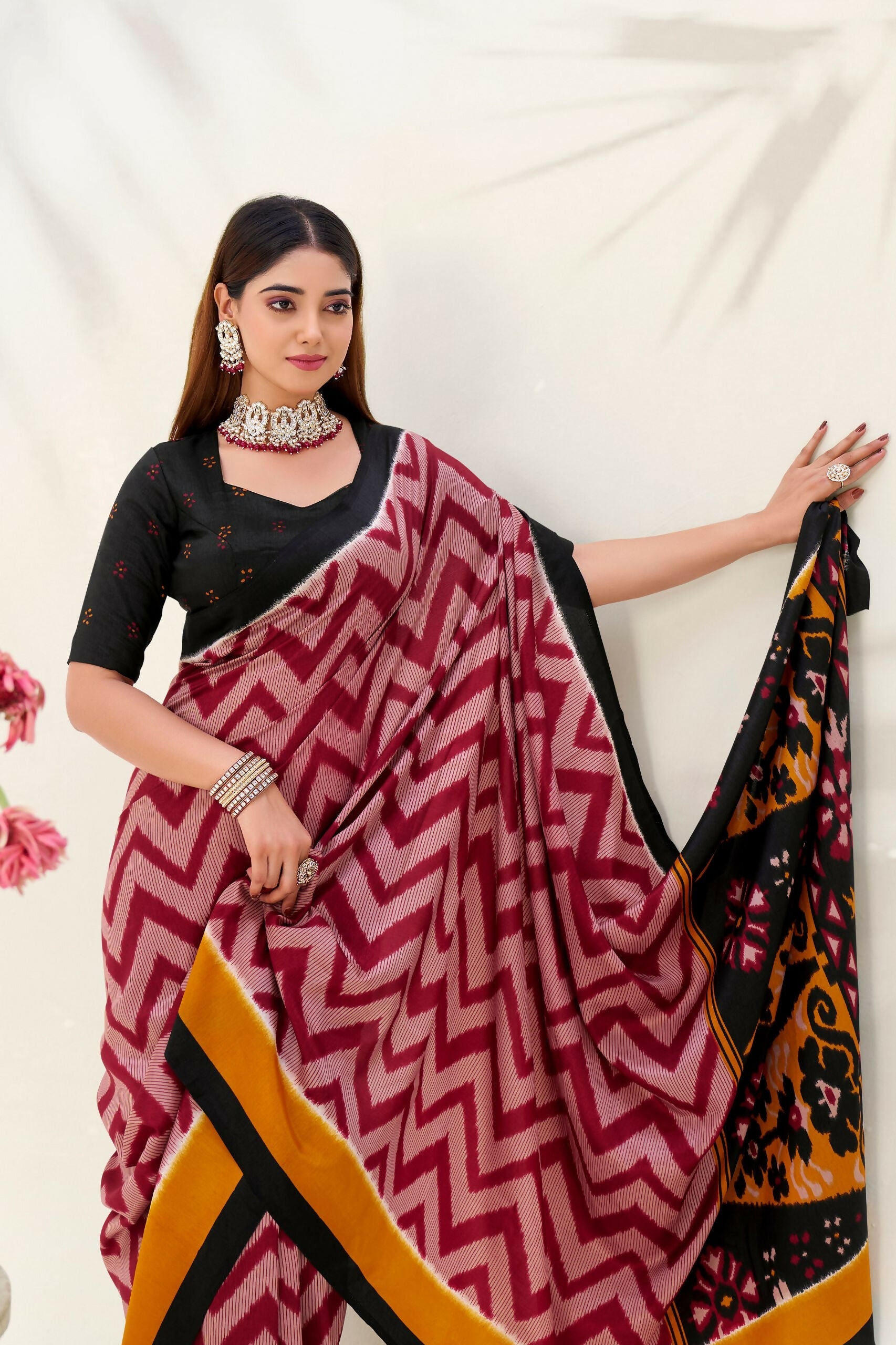 Vastranavya Maroon Tussar Silk Zigzag Waves Printed Saree with Unstitched Blouse | Grocsy