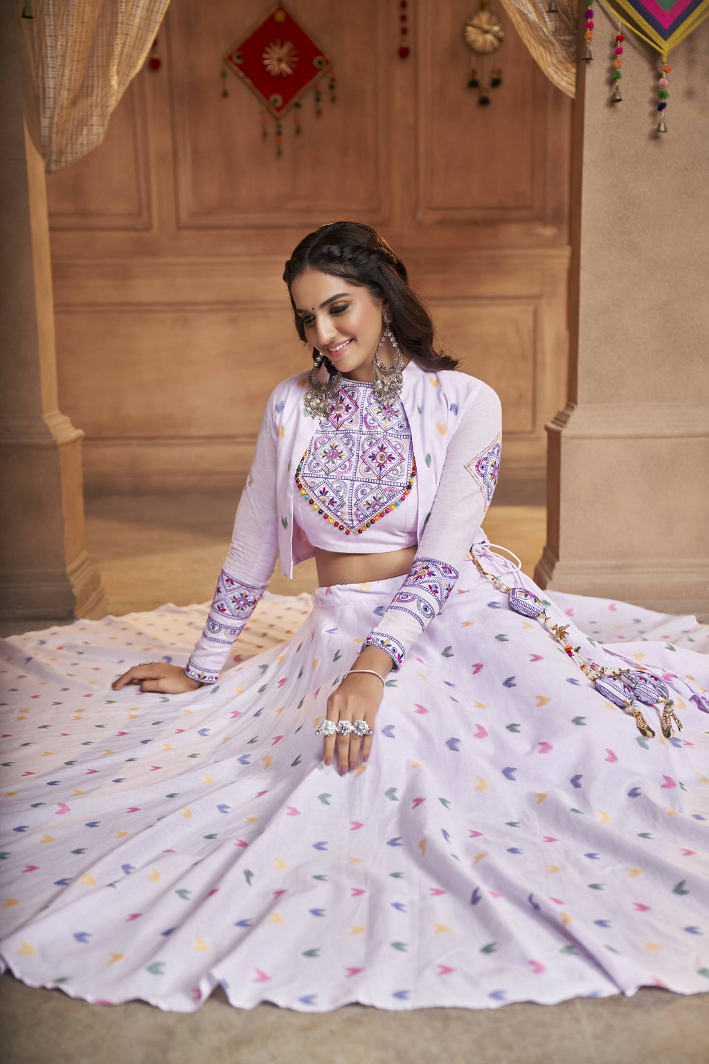 Lavender Cotton Jacquard Weaving Fabric Navratri Lehenga Choli With Dupatta - Raas | Grocsy