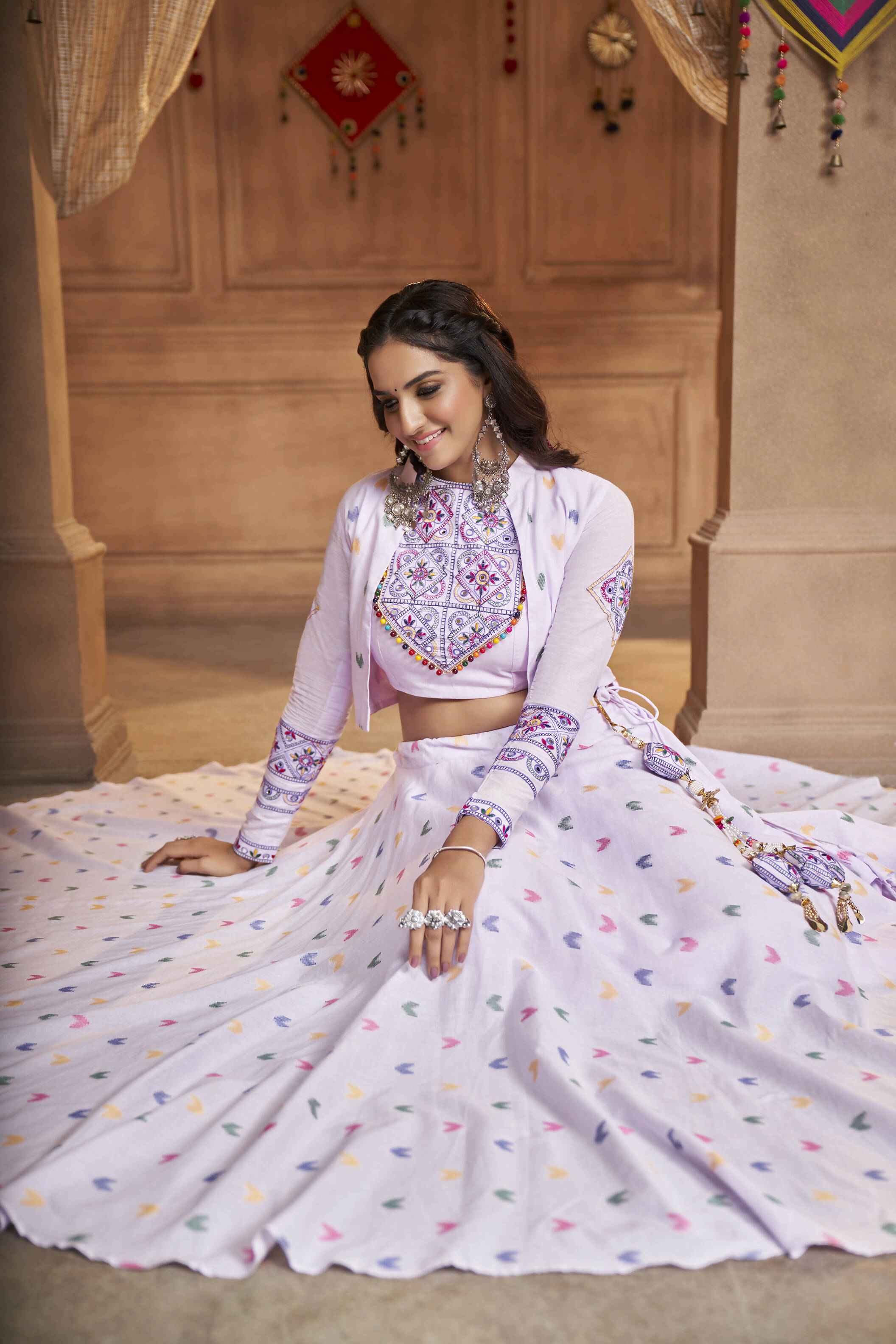 Lavender Cotton Jacquard Weaving Fabric Navratri Lehenga Choli With Dupatta - Raas | Grocsy