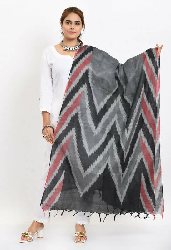 Mominos Fashion Moeza Women's Handloom Cotton Ikkat Maroon/Black Dupatta | Grocsy