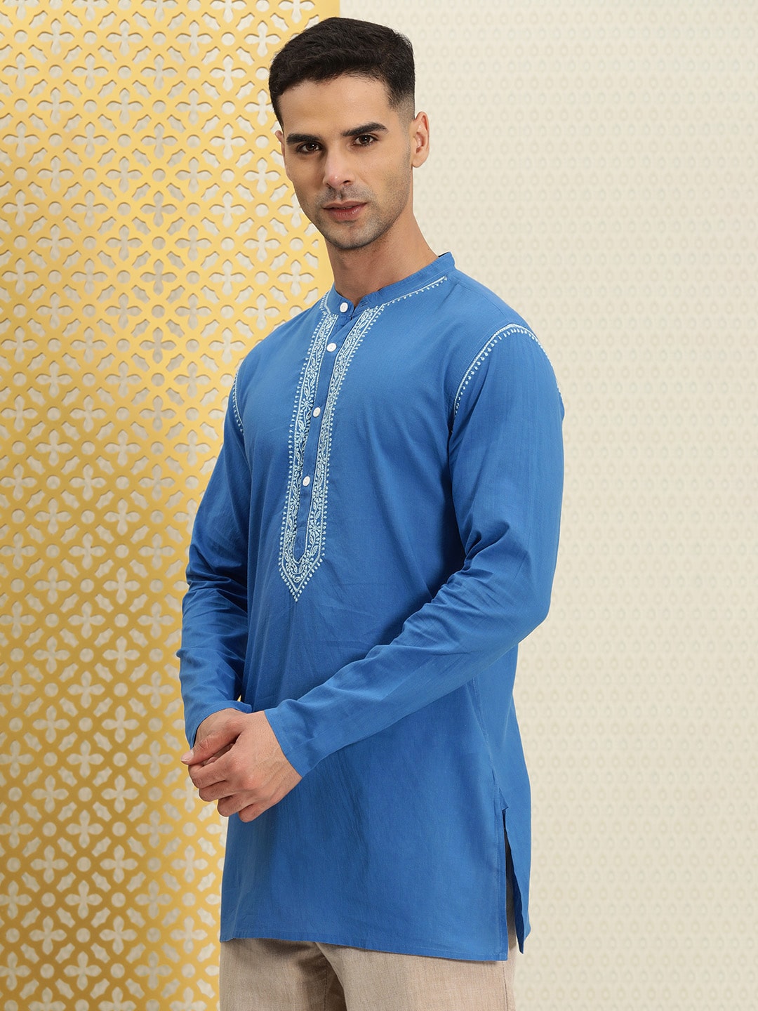 House of Pataudi Men Pure Cotton Solid Chikankari Jashn Short Kurta | Grocsy