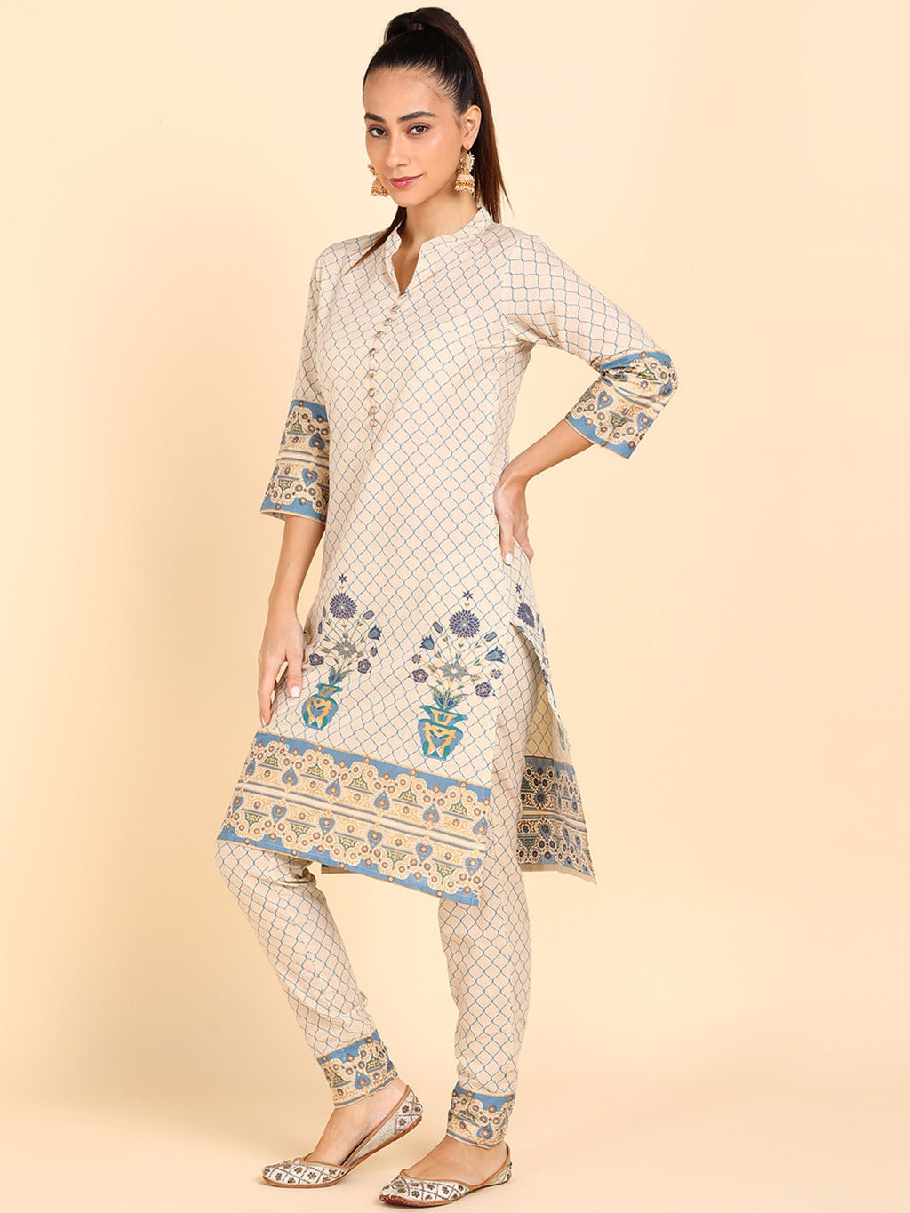 HERE&NOW Women Blue Floral Printed Pure Cotton Kurta with Trousers & With Dupatta | Grocsy