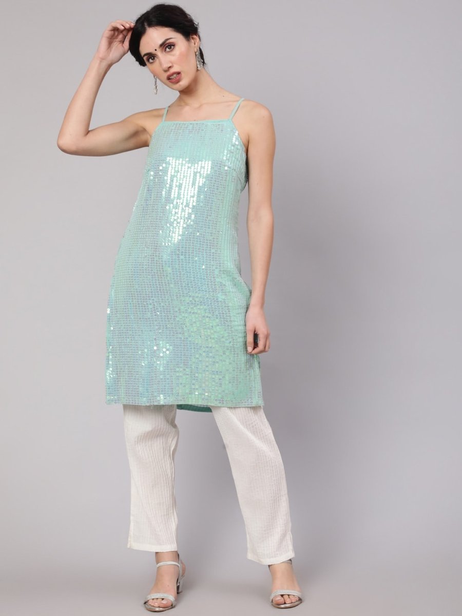Aks Geometric Embroidered Sequinned Georgette Straight Kurta | Grocsy