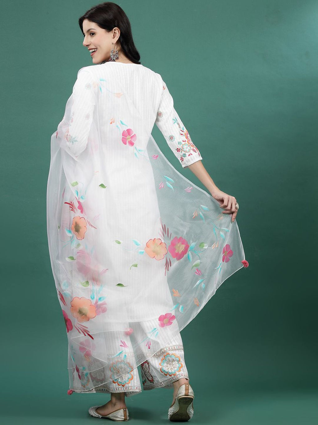 Sangria Embroidered Notch Neck Straight Kurta With Palazzo & Dupatta Set | Grocsy