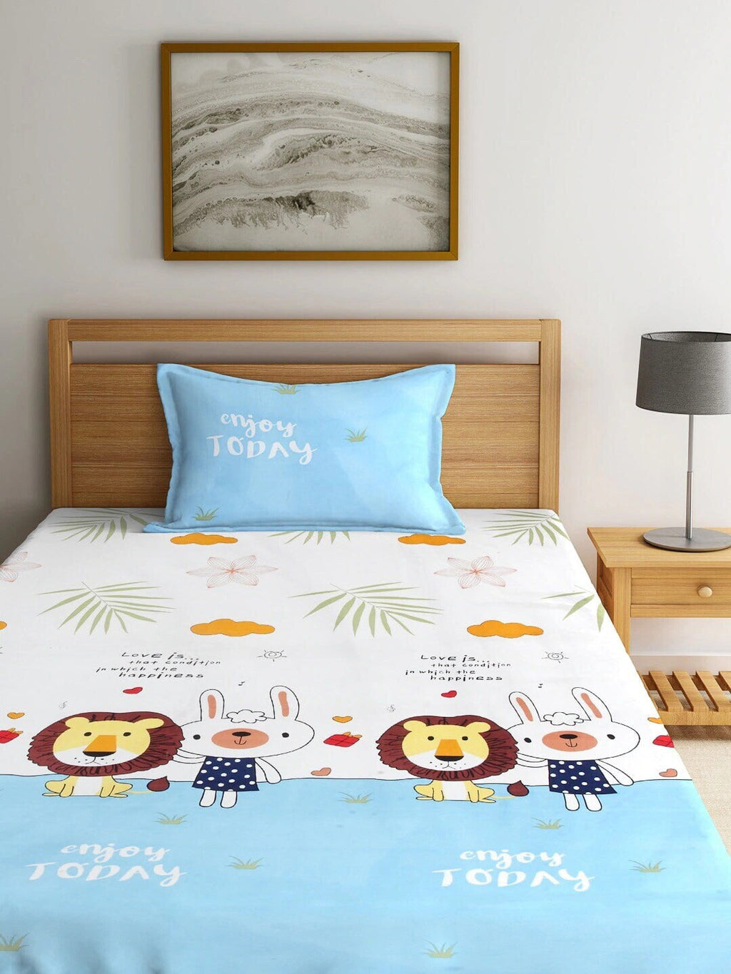 Home Sizzler White & Blue Cartoon Characters 210 TC Single Bedsheet with 1 Pillow Covers | Grocsy