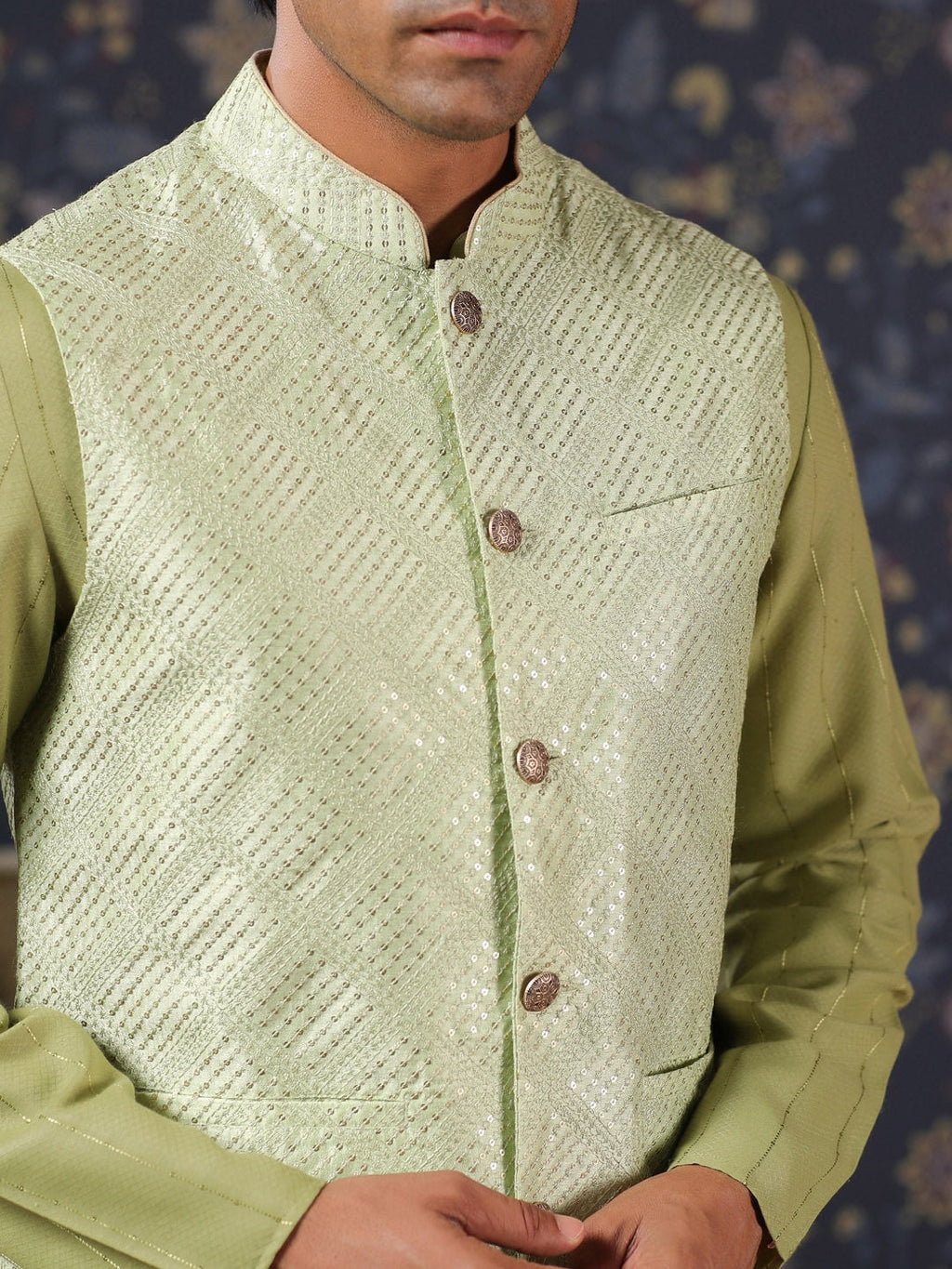 House of Pataudi Straight Kurta With Pyjamas & Embroidered Sequin Work Nehru Jacket | Grocsy