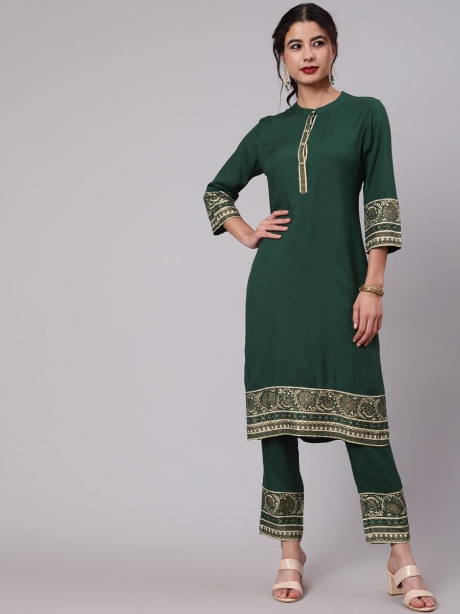 Aks Ethnic Motifs Printed Band Collar Straight Kurta with Trousers | Grocsy