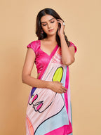 Sangria Pink & Blue Abstract Printed Satin Saree | Grocsy
