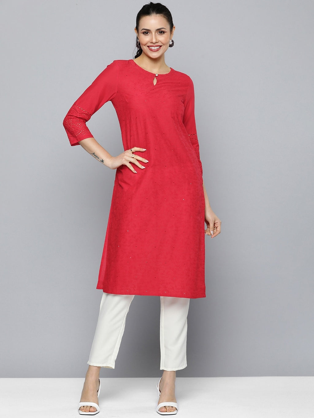 HERE&NOW Women Pure Cotton Floral Embroidered Keyhole Neck Thread Work Kurta | Grocsy