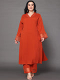 Sztori Plus Size V Neck Regular Silk Crepe Straight Kurta with Trousers | Grocsy