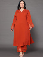 Sztori Plus Size V Neck Regular Silk Crepe Straight Kurta with Trousers | Grocsy