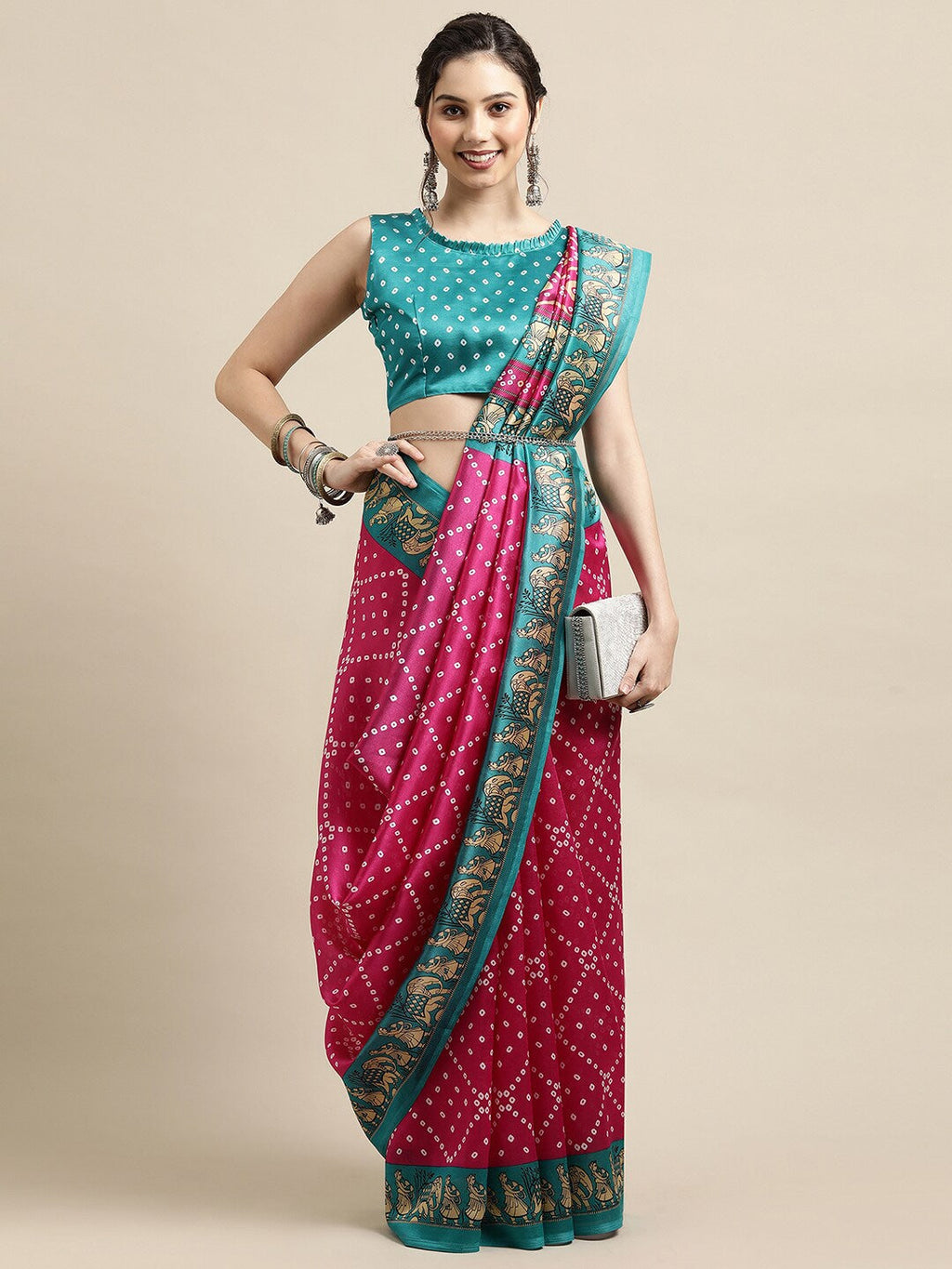 Saree Mall Pink & Teal Bandhani Printed Saree | Grocsy