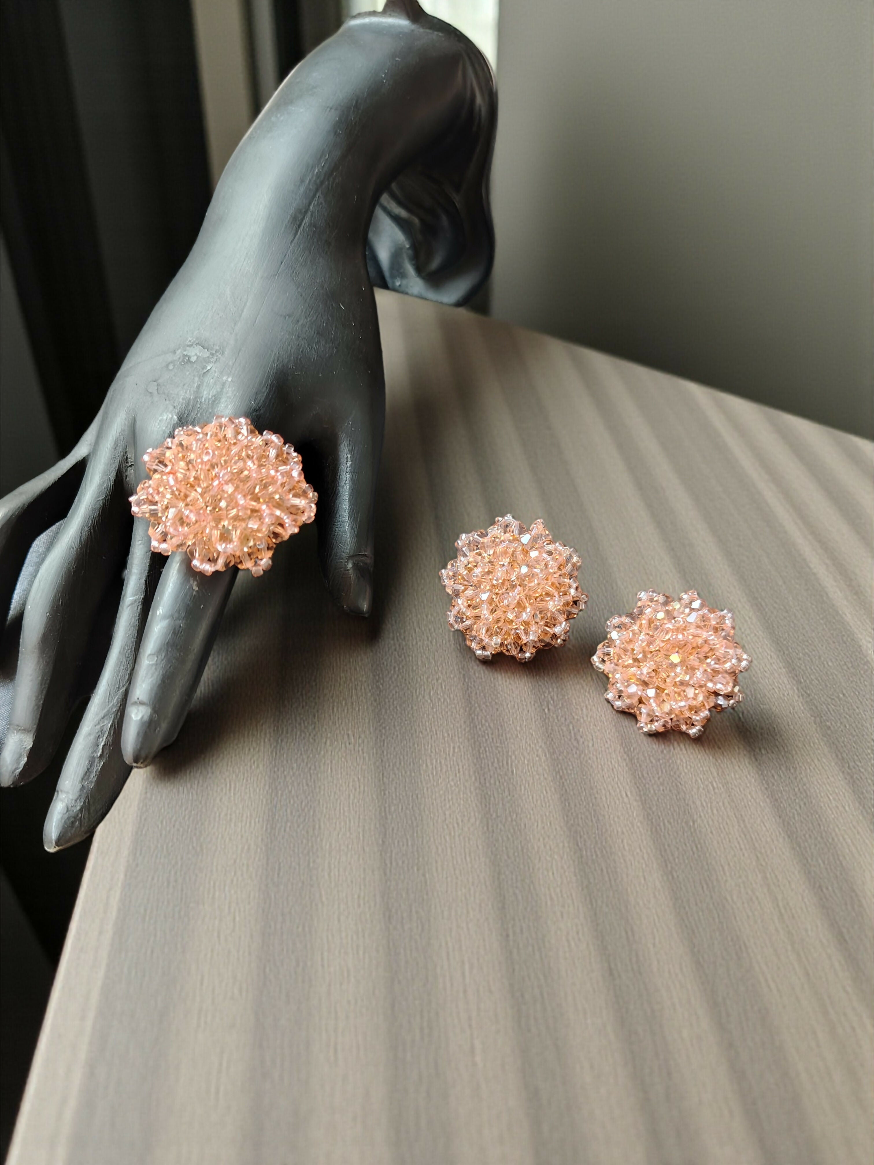 Inhanns Rangmani Crystal Duo – Adjustable Ring + Statement Earrings Set - Peach | Grocsy