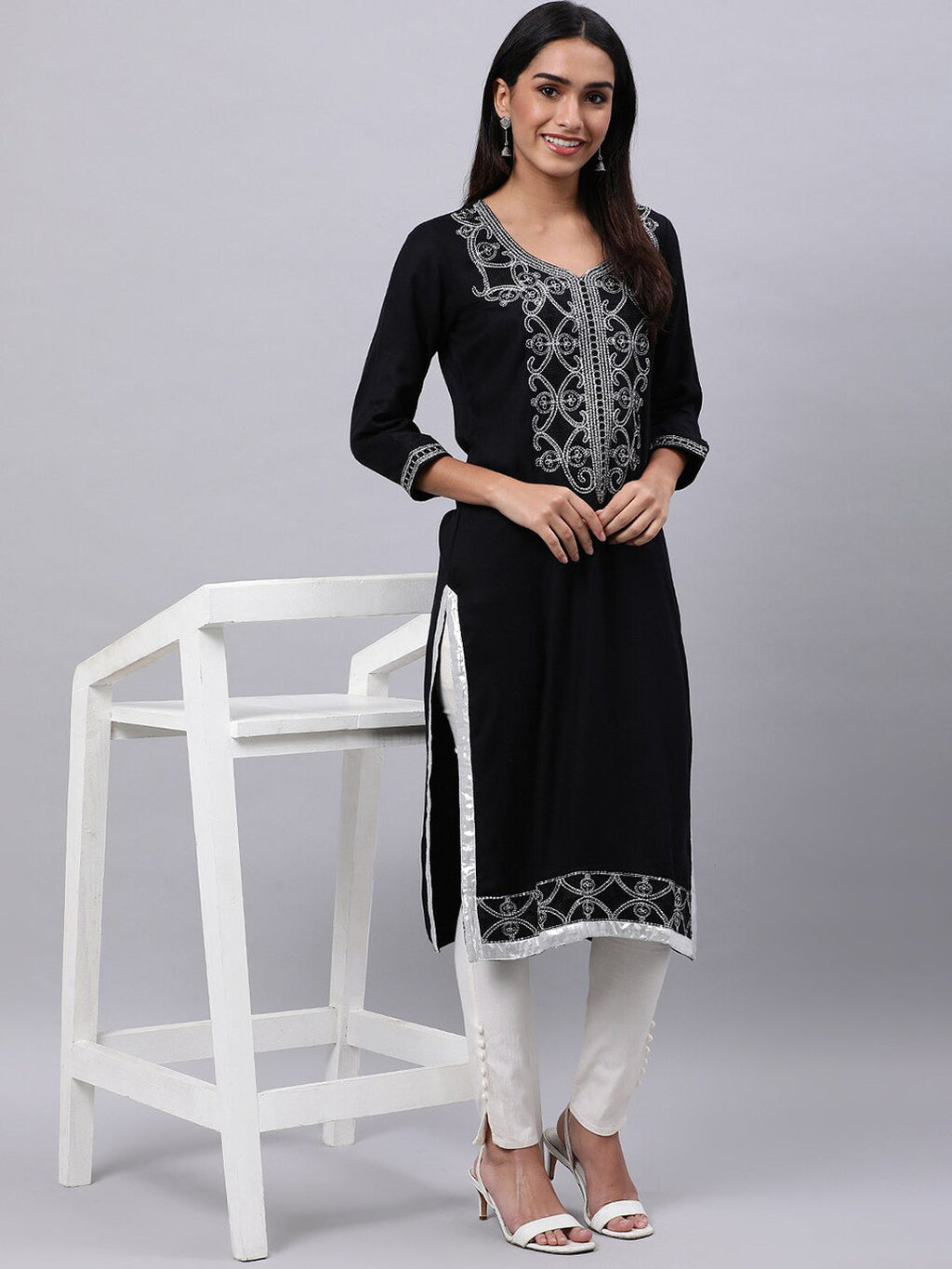 Souchii Women Black Ethnic Motifs Yoke Design Thread Work Kurta | Grocsy