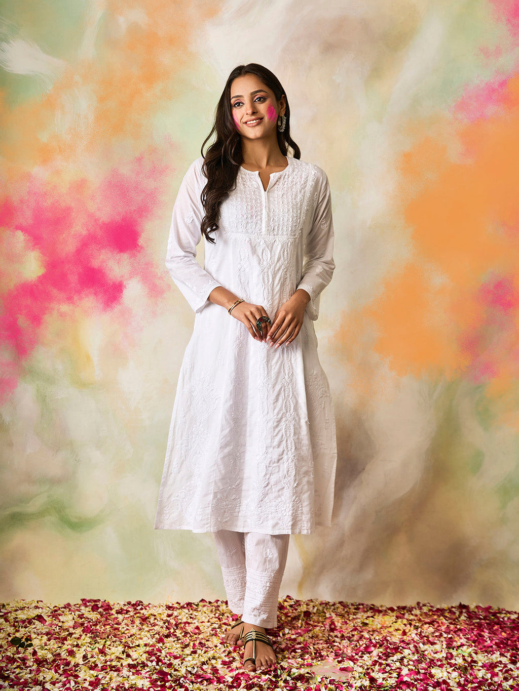 HOUSE OF KARI Notched Neck Ethnic Motifs Embroidered Chikankari Cotton Kurta | Grocsy