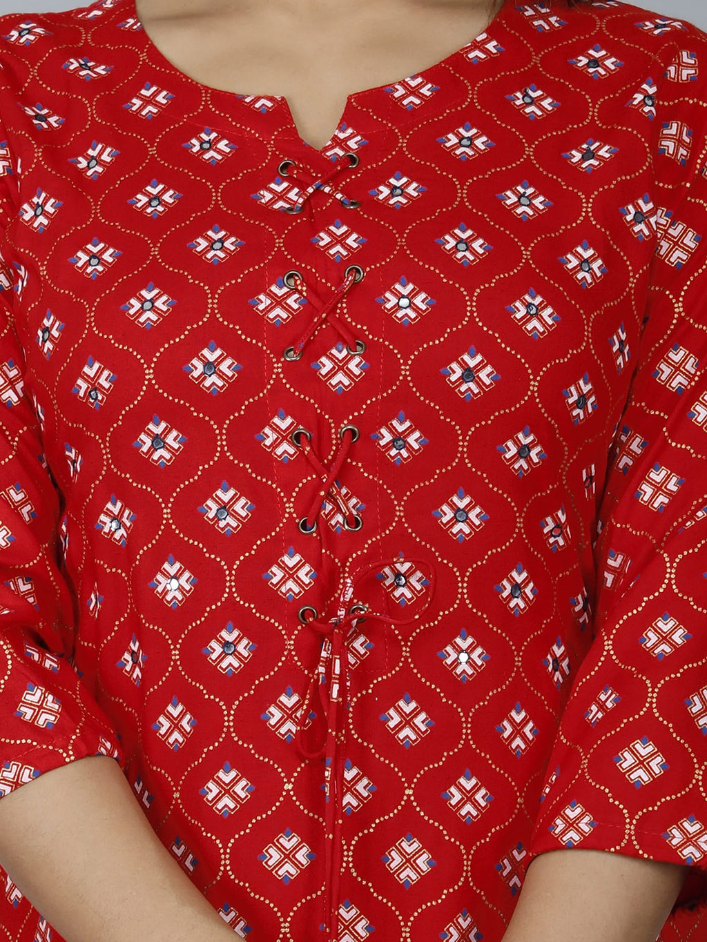 HERE&NOW Women Red Ethnic Motifs Printed Mirror Work Kurta | Grocsy