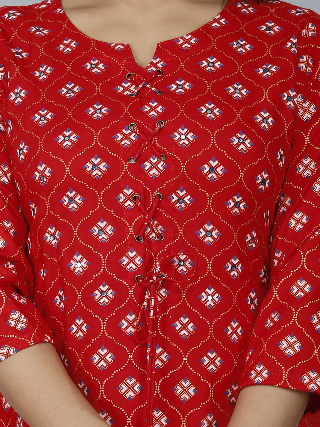 HERE&NOW Women Red Ethnic Motifs Printed Mirror Work Kurta | Grocsy