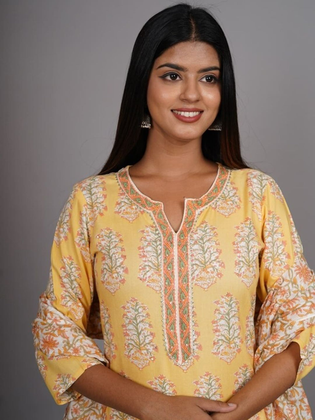 HERE&NOW Women Yellow Floral Printed Thread Work Kurta with Palazzos & With Dupatta | Grocsy