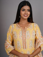 HERE&NOW Women Yellow Floral Printed Thread Work Kurta with Palazzos & With Dupatta | Grocsy