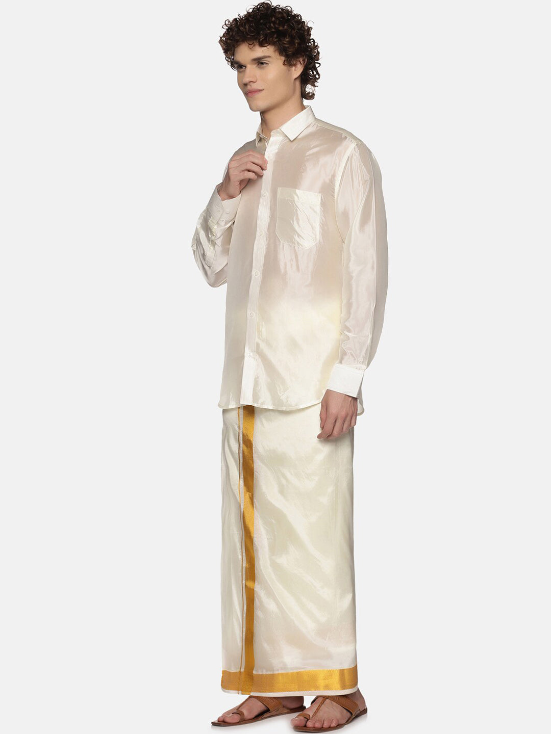 Sethukrishna Men Cream-Colored & Golden Solid Veshti | Grocsy
