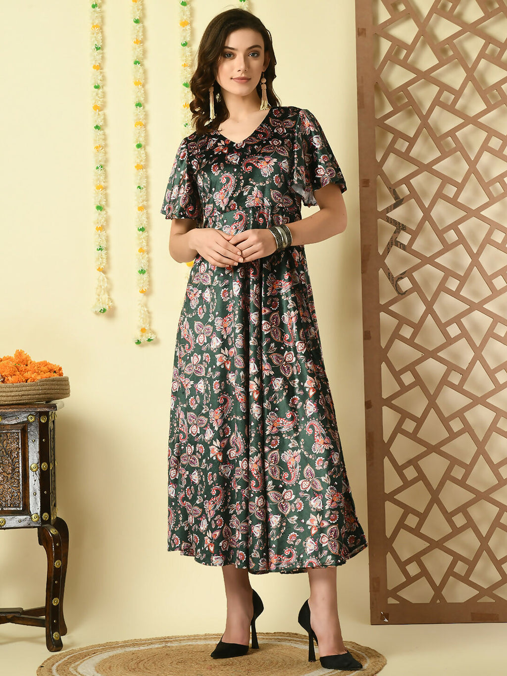 Myshka Women's Multi Printed Velvet Party Dress | Grocsy