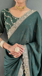 Vastranavya Sea Green Georgette Silk Swarovski & Heavy Lace Work Ready to Wear Saree | Grocsy