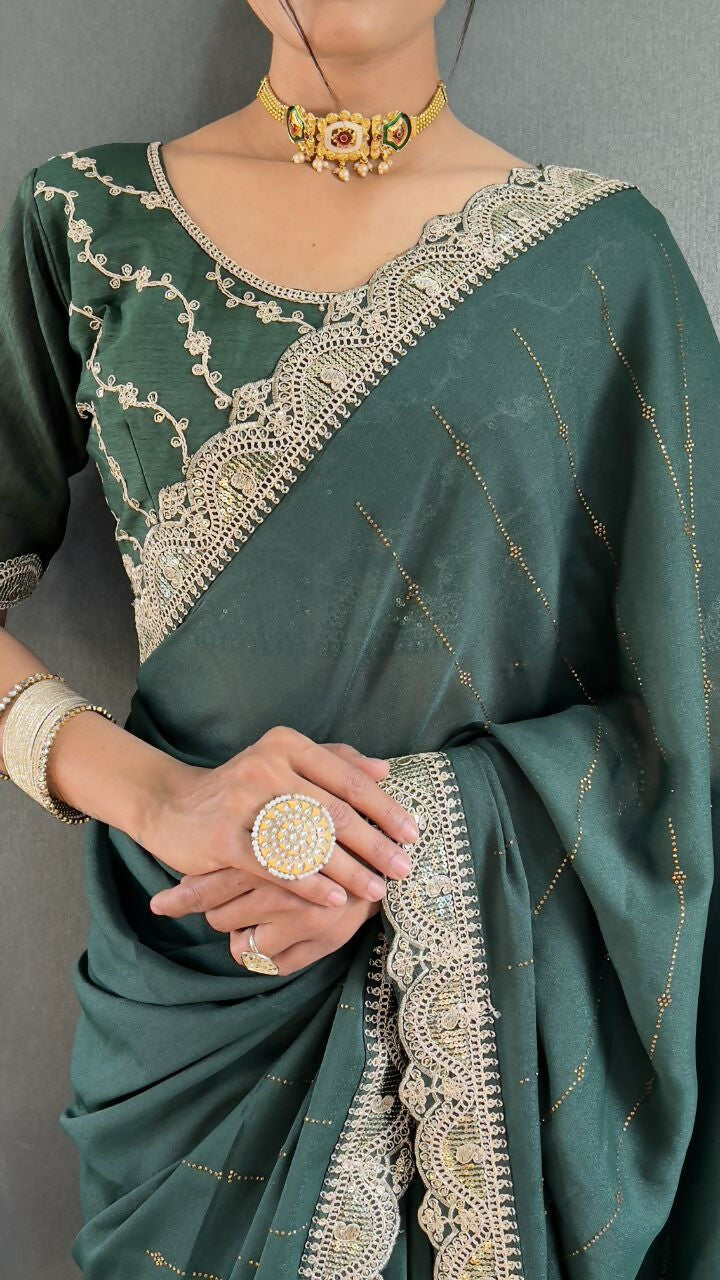 Vastranavya Sea Green Georgette Silk Swarovski & Heavy Lace Work Ready to Wear Saree | Grocsy