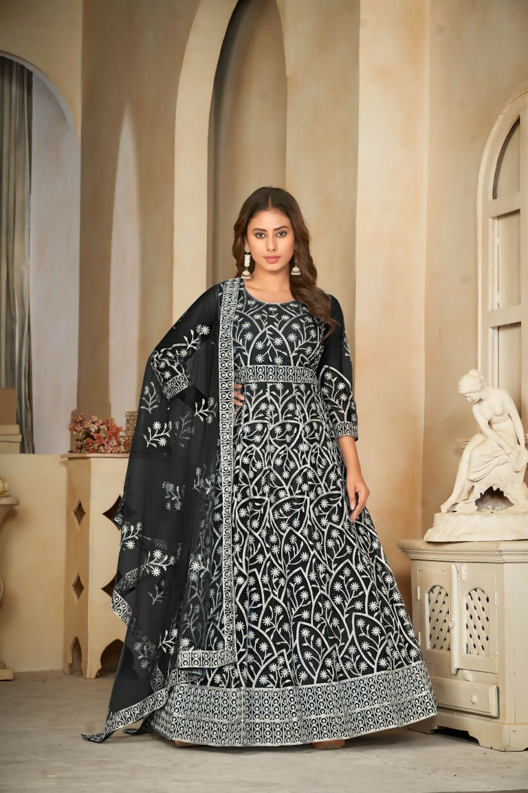 Jyoti Fashion Women's Black Net Embroidered Anarkali Kurta Pant Set With Dupatta | Grocsy