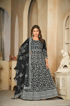 Jyoti Fashion Women's Black Net Embroidered Anarkali Kurta Pant Set With Dupatta | Grocsy