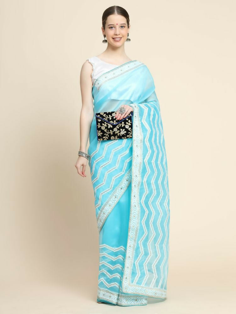 Vamsee Banno Lehriya Sky Organza Saree | Grocsy