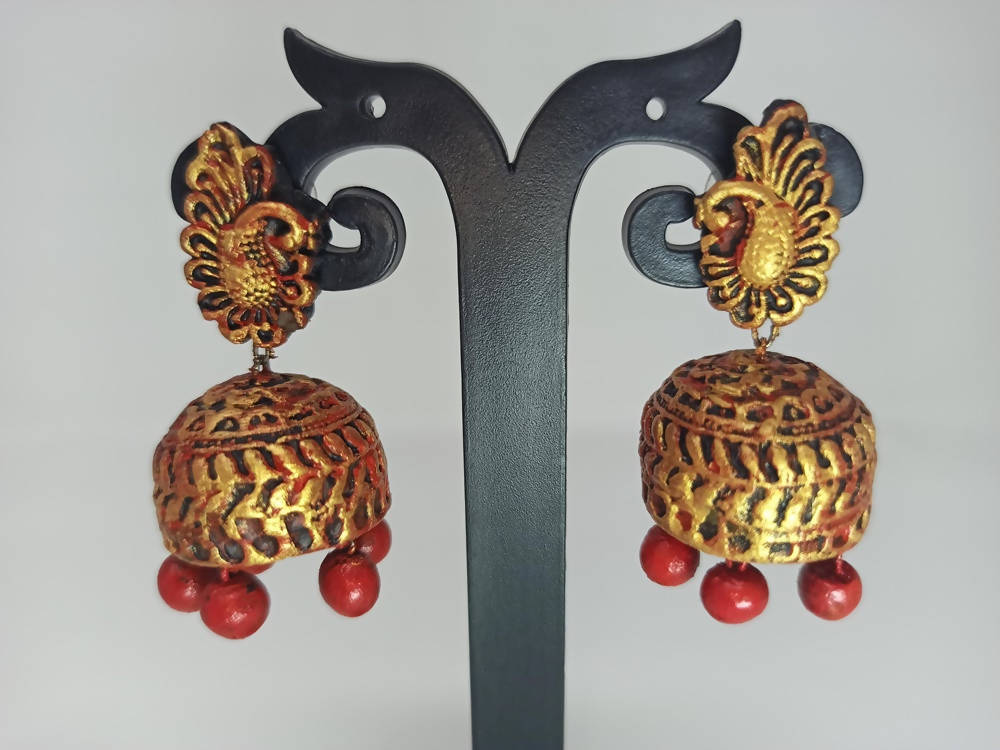 Terracotta Peacock Stud Ethnic Jhumkas-Gold Red | Grocsy