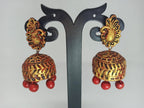 Terracotta Peacock Stud Ethnic Jhumkas-Gold Red | Grocsy