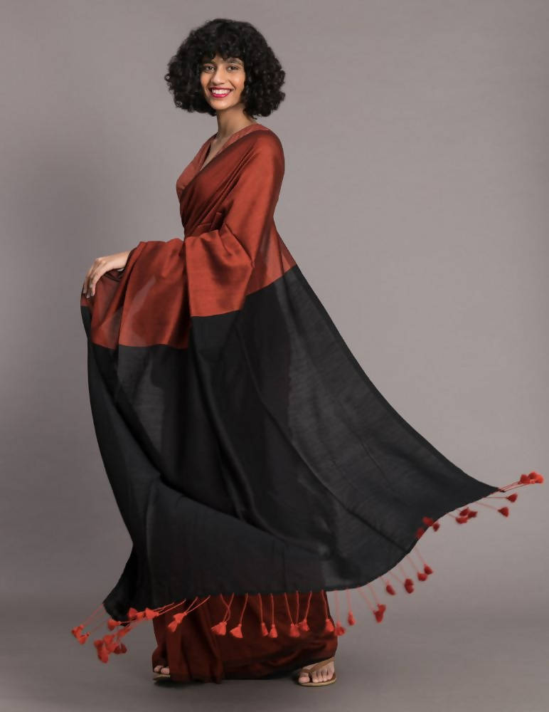 Suta Rust Brown Black Cotton Blend Colourblocked Saree | Grocsy