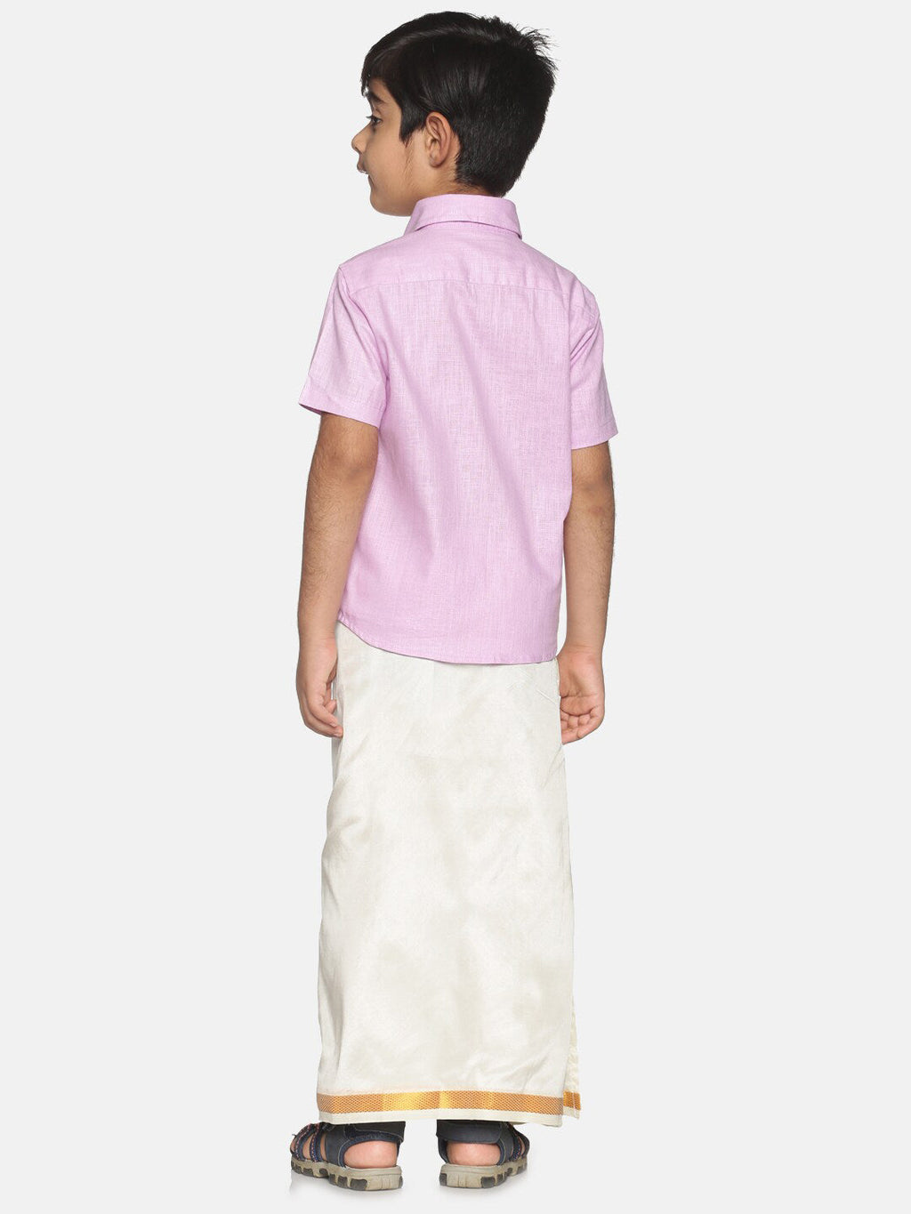 Sethukrishna Boys Pink & Off-White Pure Cotton Shirt with Dhotis | Grocsy