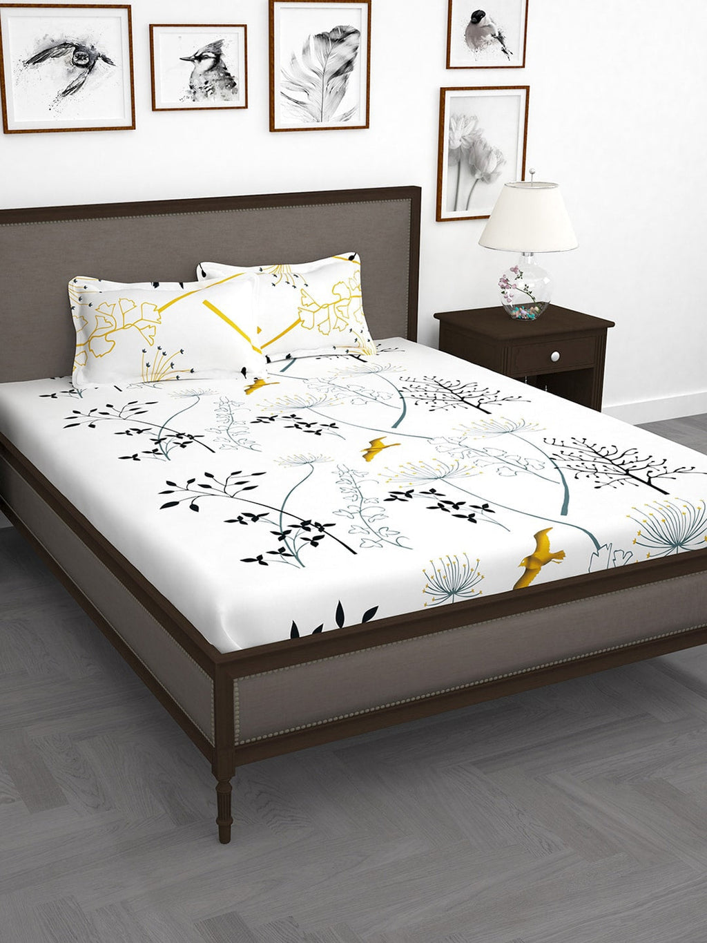 Story@home White & Blue Floral King Bedsheet with 2 Pillow Covers | Grocsy