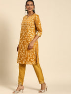 All About You Women Mustard Yellow Ethnic Motifs Printed Regular Kurta with Trousers | Grocsy