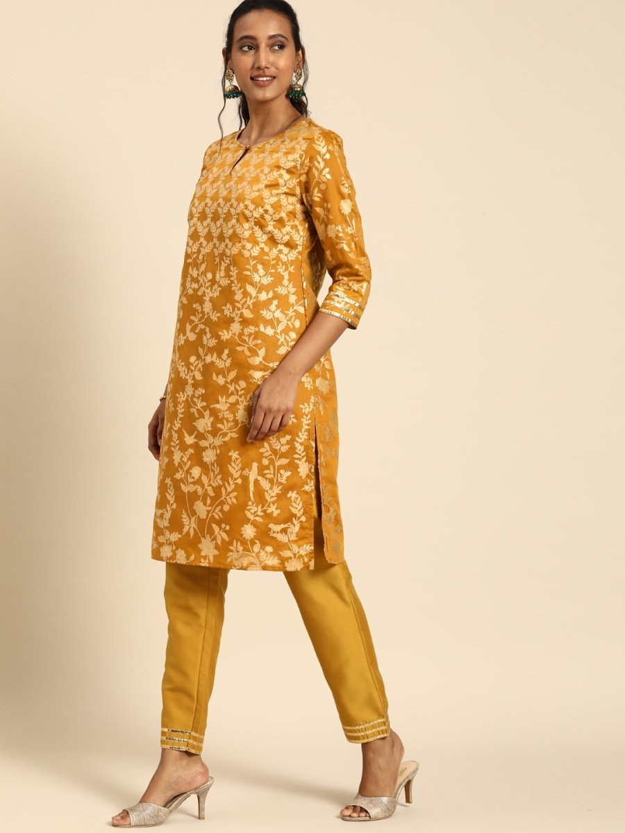 All About You Women Mustard Yellow Ethnic Motifs Printed Regular Kurta with Trousers | Grocsy