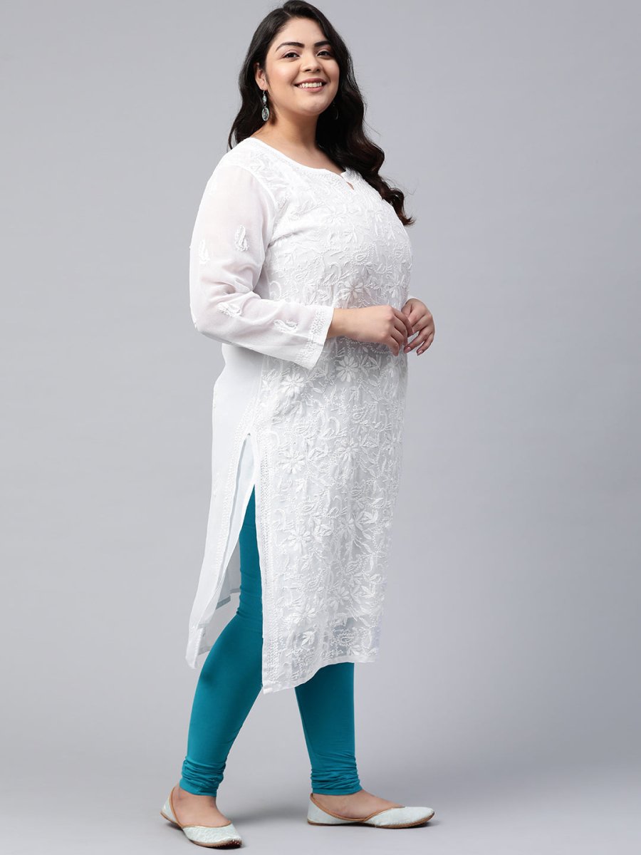 ADA Women Plus Size White Ethnic Motifs Chikankari Embroidered Georgette Handloom Kurta With Slip | Grocsy